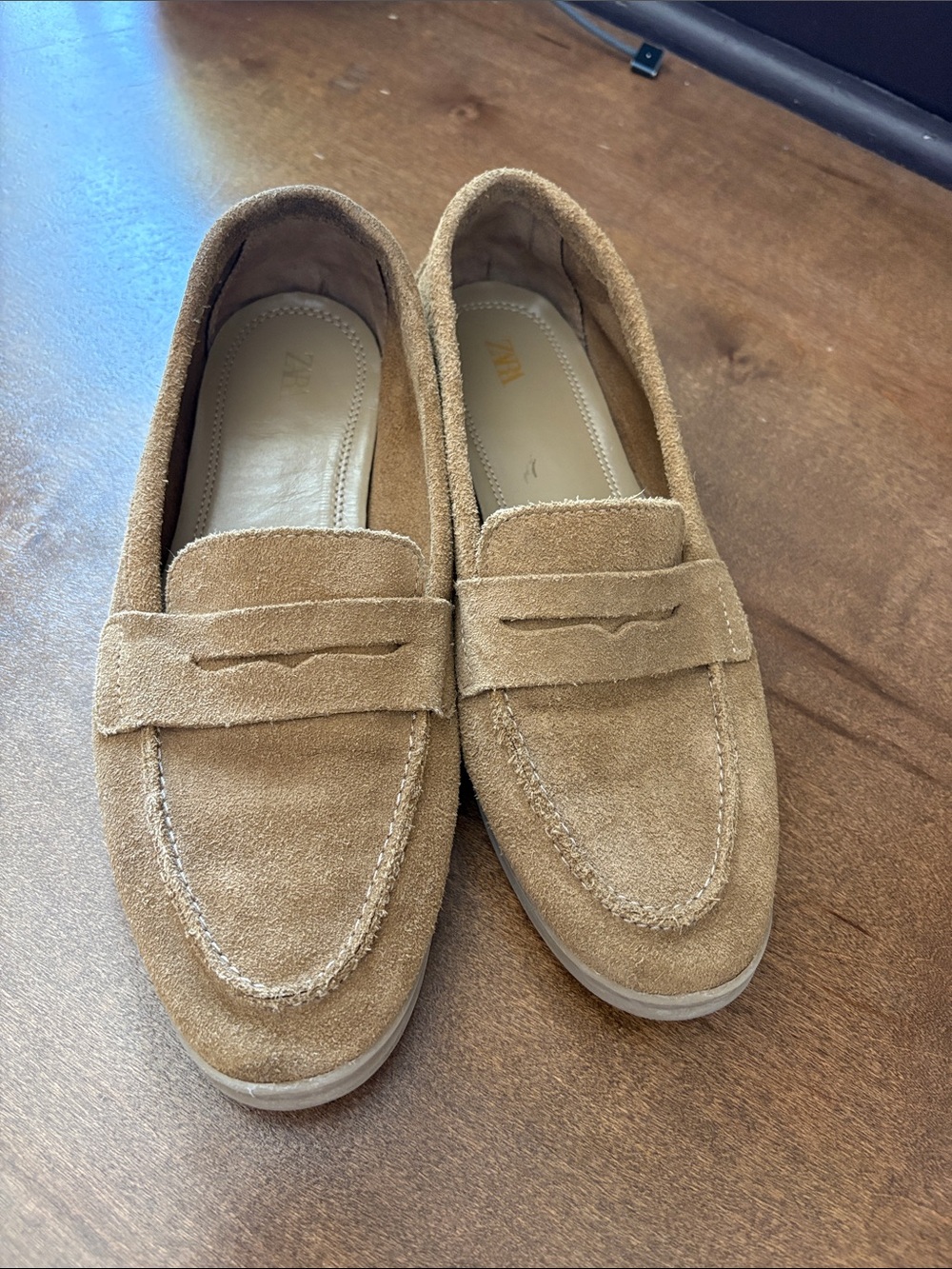 Zara Tan Suede Penny Loafers, 38 /8